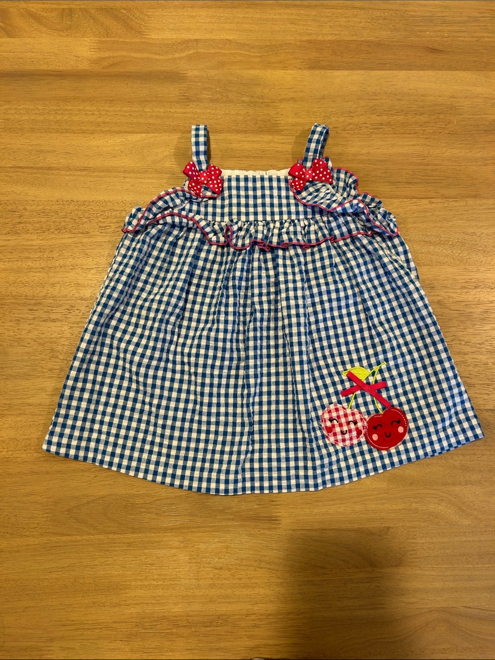 iris & ivy Blue Gingham Dress with Red Cherry Appliqué